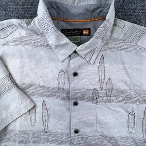 Quiksilver Waterman Button Up Hawaiian Shirt Men Medium Gray Floral Short Sleeve